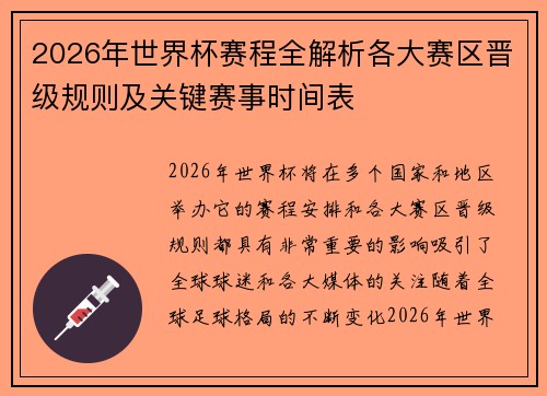 2026年世界杯赛程全解析各大赛区晋级规则及关键赛事时间表